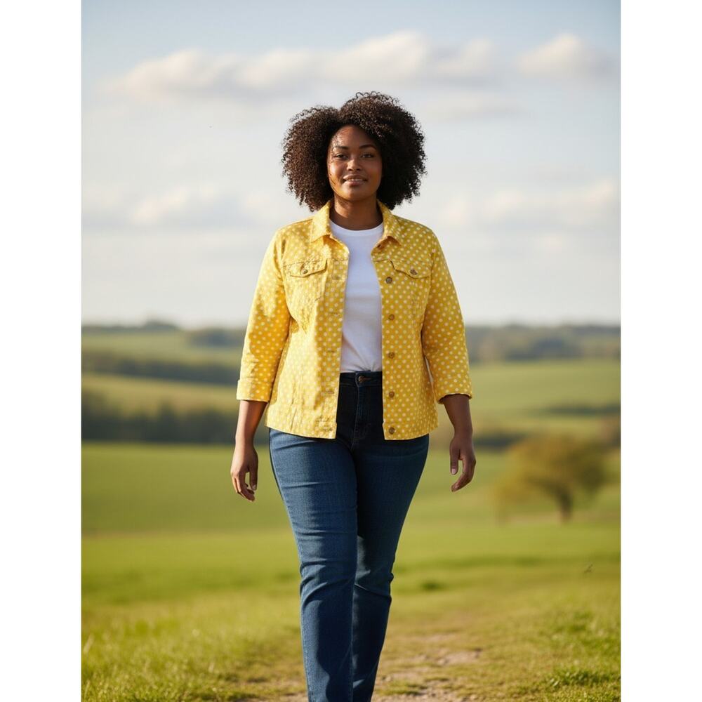 CJ Banks Jacket Womens 1X Yellow Polka Dot Denim 3/4 Sleeve Stretch Collared